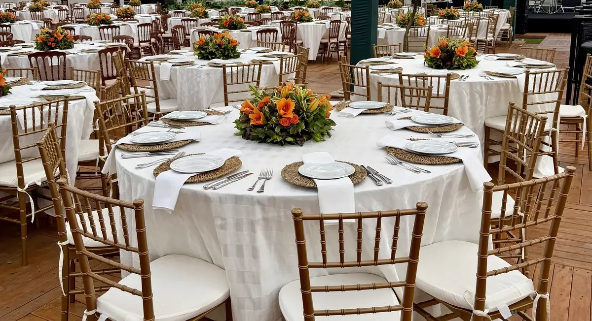 Mesas redondas montadas para jantar de empresa em pavilhão, com toalha branca, sousplats de fibra, arranjos de flores laranja e cadeiras douradas